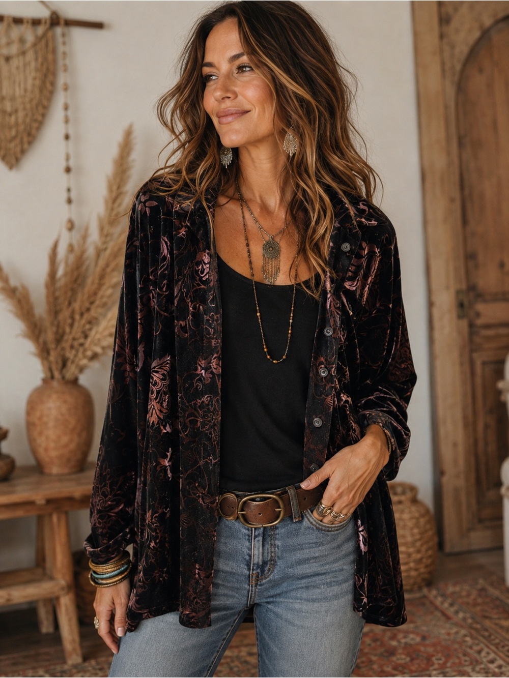 Laura Scott Velvet Floral 2-in-1 Tank Top Y2K Boho Whimsigoth Black Brown.